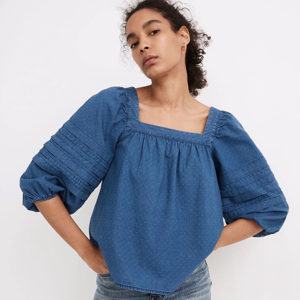 Madewell denim pleat-sleeve square neck top